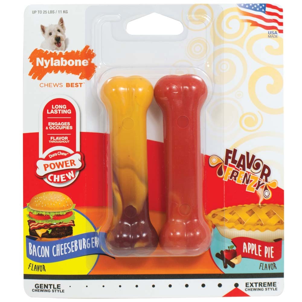 Nylabone Power Chew Flavor Frenzy Durable Dog Chew Toys Twin Pack Bacon Cheeseburger & Apple Pie 1ea/SMall/Regular - Up To 25 Ibs.